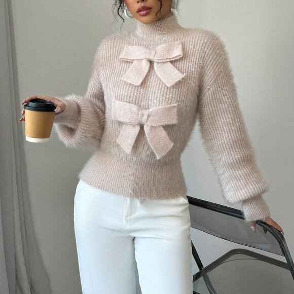 Sweaters - Apricot Casual Women's Stand Collar Bow Decor Sweater